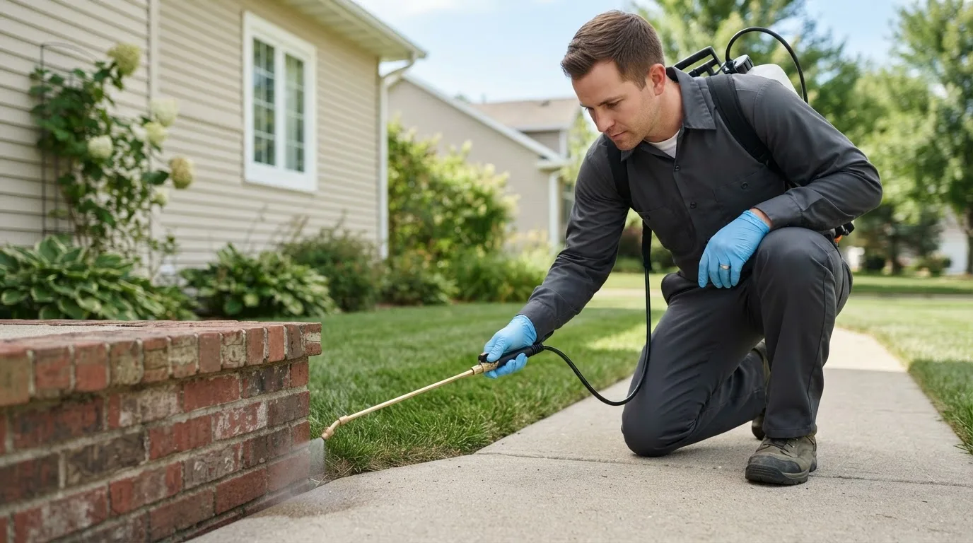 Pest control technician treating a home near Lineville, AL