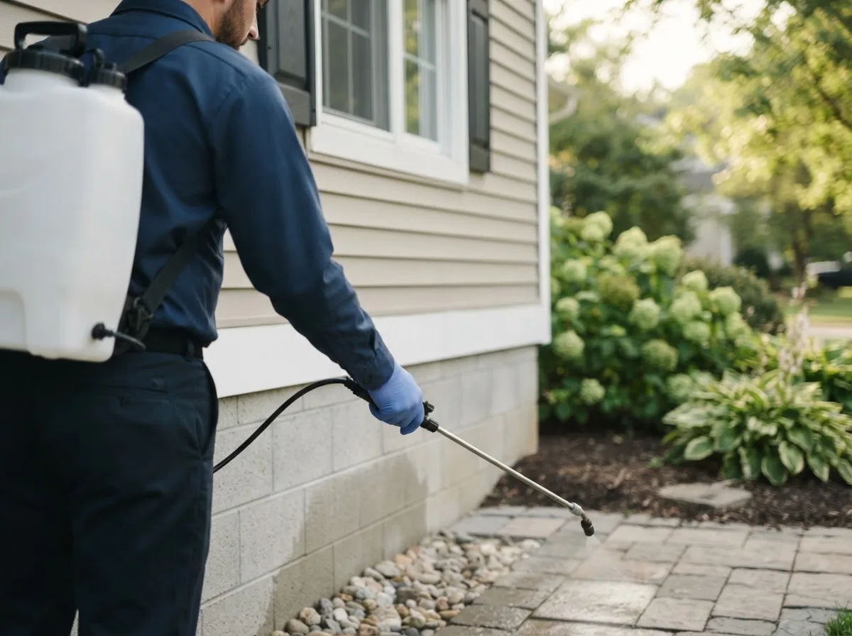 Pest control technician inspecting a home in Lineville, AL